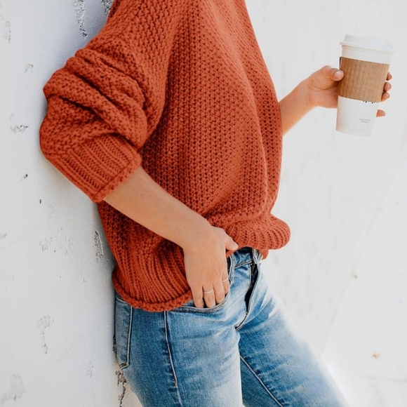 New Boutique Burnt Orange Waffle Knit Turtleneck Sweater - Picture 10 of 10